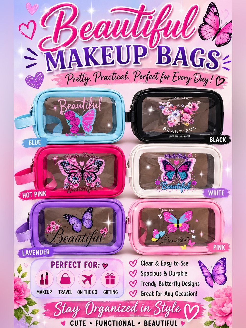 Beautiful Clear Butterfly Makeup Bag - Available in Multiple Colors